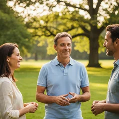 Zwei Männer und eine Frau unterhalten sich