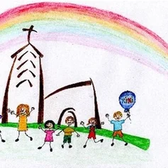 Kinder, die vor einer Kirche spielen und tanzen