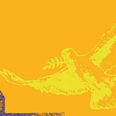 Gelbe Friedenstaube auf gelbe Hintergrund mit einem lila Kirchturm