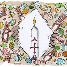 Zwei Hände öffnen in der Mitte ein Bild mit Ostereien und Osterhasen. Es kommt eine weiße Kerze zum Vorschein.